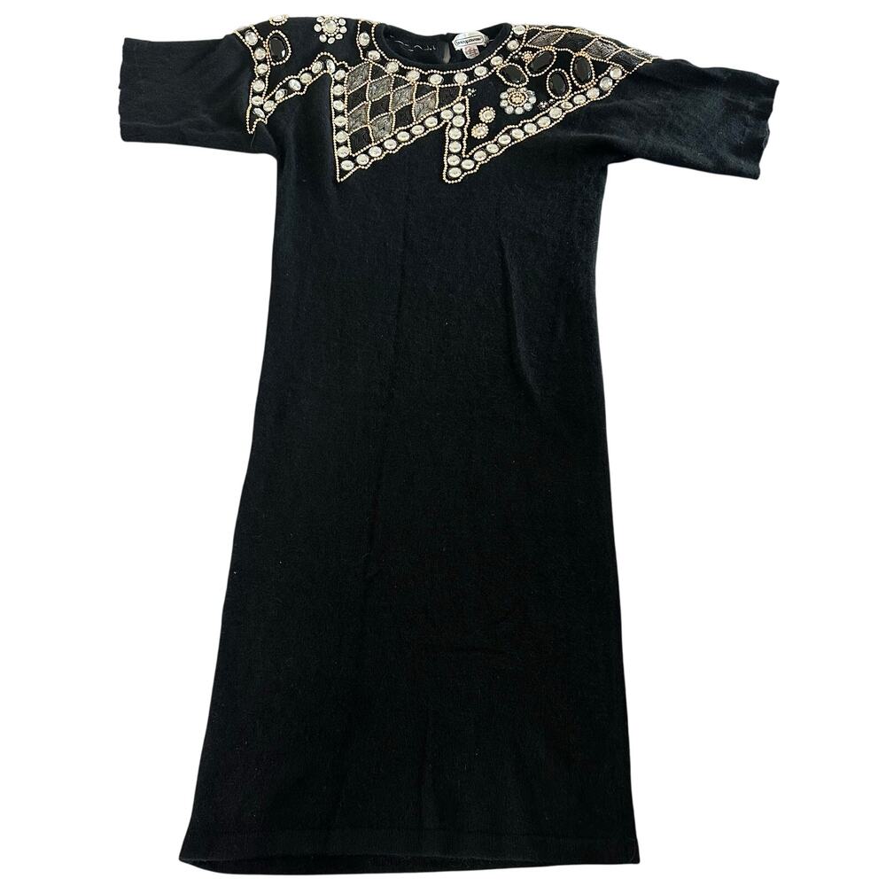 VNTG Lauren Alexandra Black, Jeweled Collar, Short Sleeve Wool Sweater Dress- L